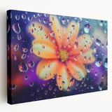 Close-up of water droplets on leaf on large stretched canvas, with vivid green and blue tones, suitable for kitchen wall art.