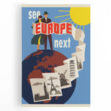 Retro Europe Travel Poster – Vintage Landmarks & Adventure Art