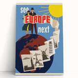 Retro Europe Travel Poster – Vintage Landmarks & Adventure Art