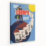 Retro Europe Travel Poster – Vintage Landmarks & Adventure Art