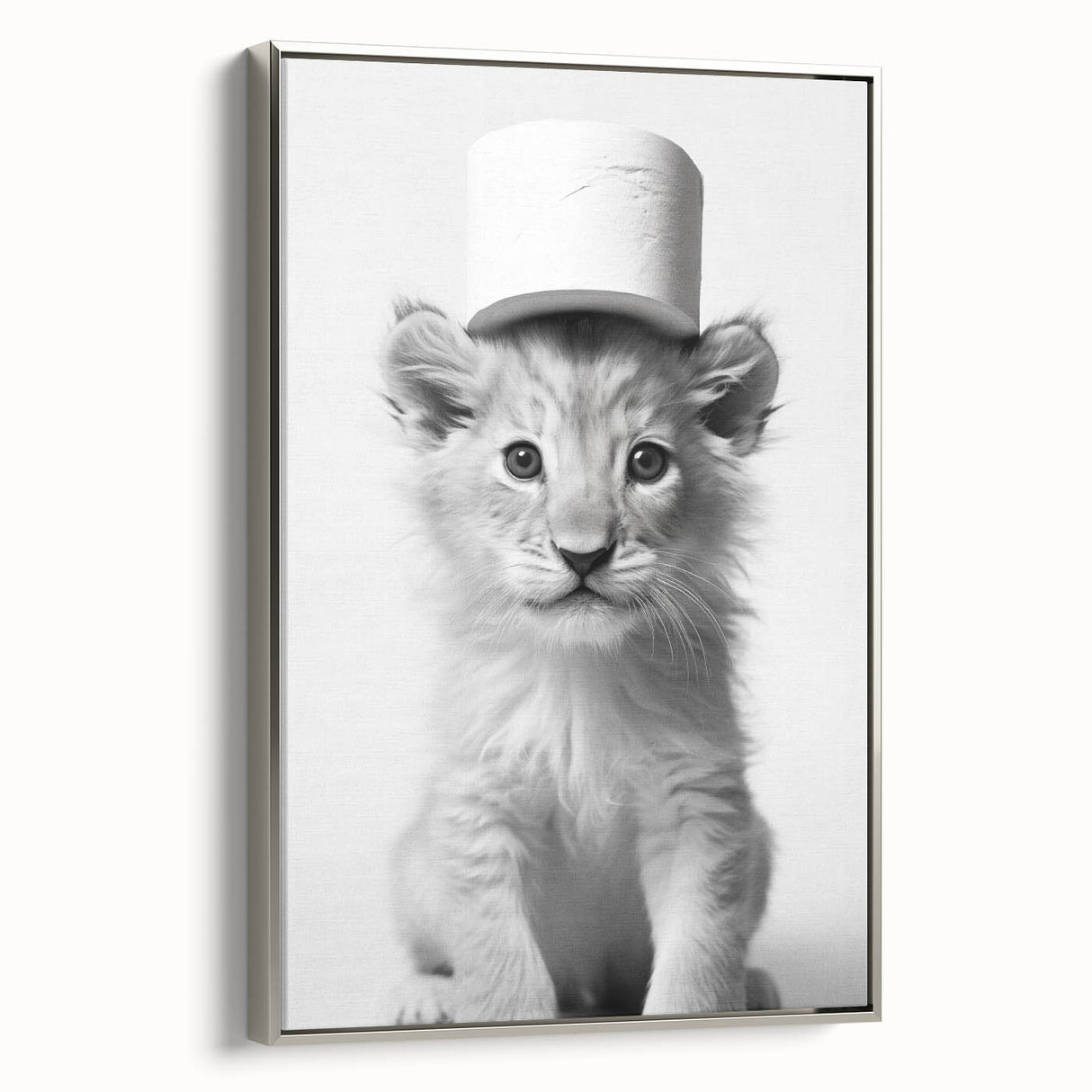 Bathroom Framed Art - Lion Cub with Toilet Roll Hat Minimalist Decor