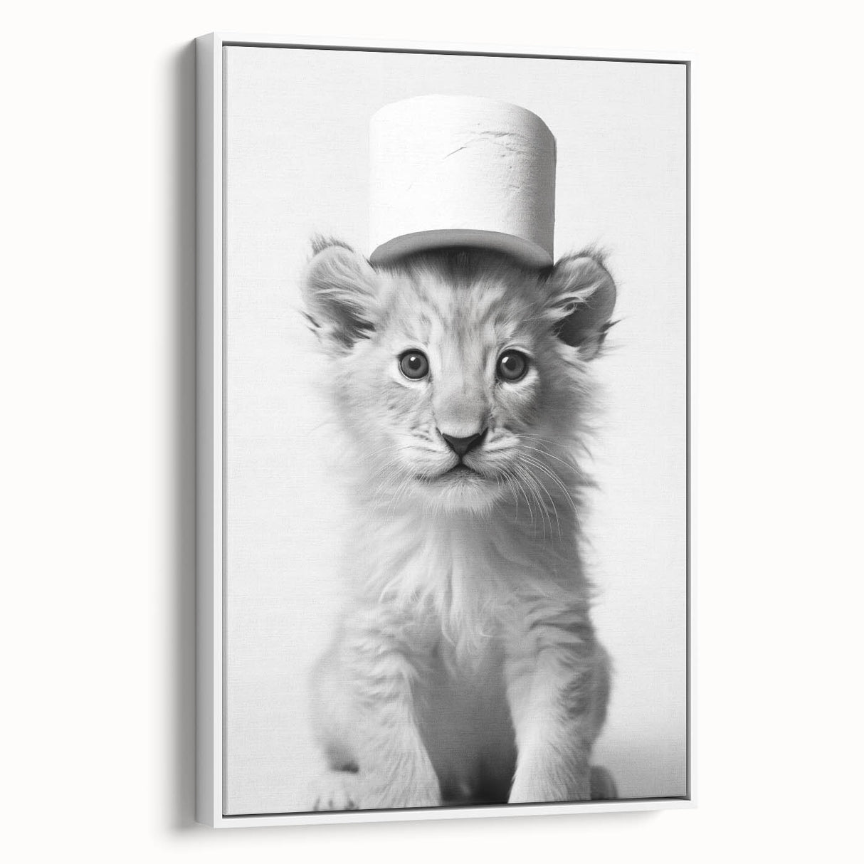 Bathroom Framed Art - Lion Cub with Toilet Roll Hat Minimalist Decor