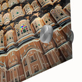 Large abstract wall art depicting a mid-century modernist Indian scenery in vibrant colors on acrylic glass.