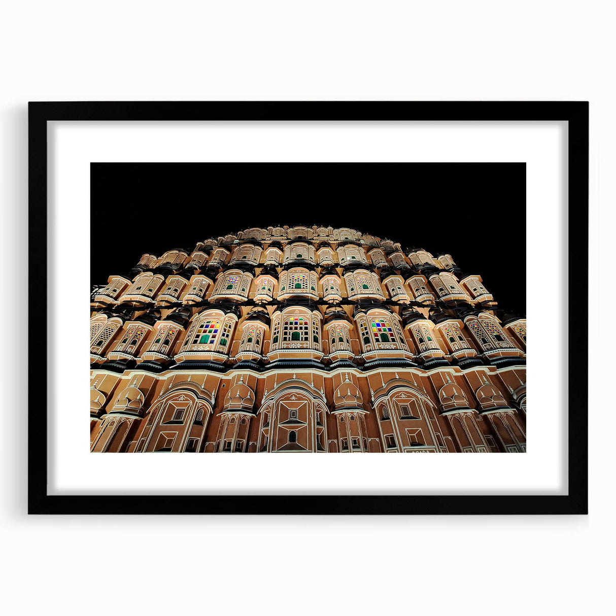 Extra large, textured abstract art print of colorful, undefined shapes, framed in black, ideal for living room decor.