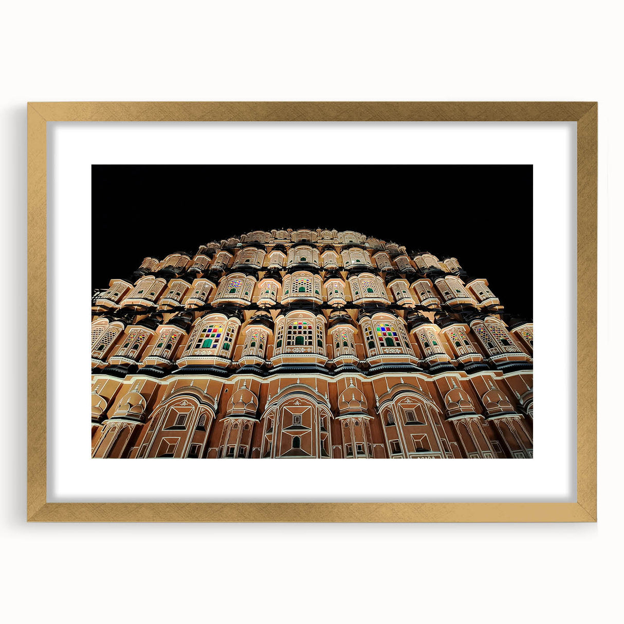 Extra large abstract art print depicting a textured scenery of India in gold and earth tones, framed with mat.