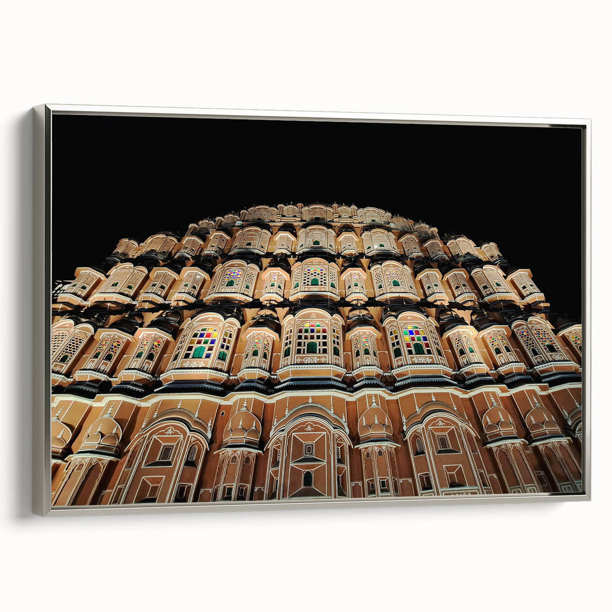 Landscape art painting of a vibrant Indian scenery on framed canvas, featuring colorful art with black borders.