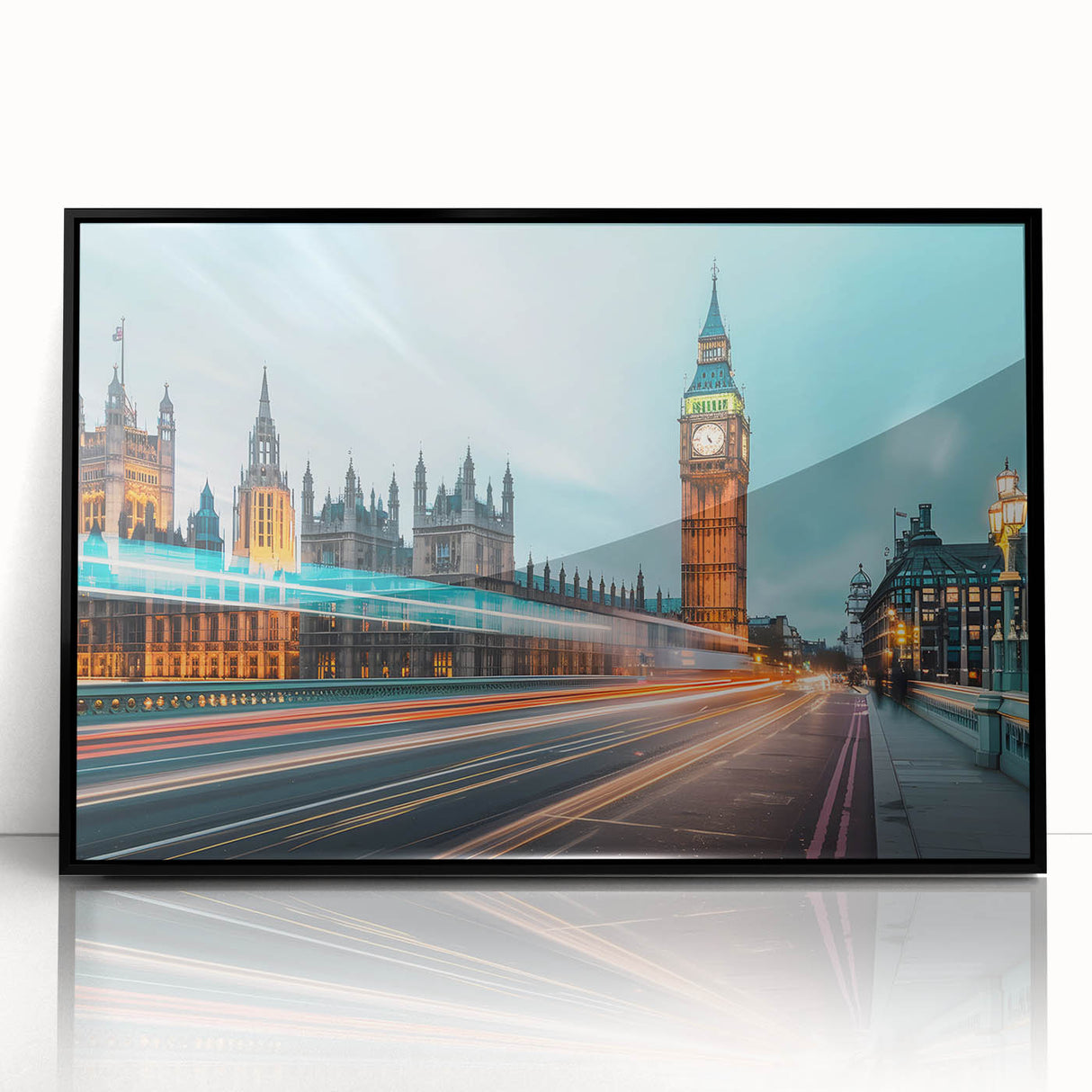 Large abstract wall art of London scenery in muted gray and blue tones on framed acrylic, ideal for modern living room decor.