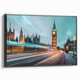Black and white framed canvas of London landscape with vintage poster art, ideal for bedroom wall decor.