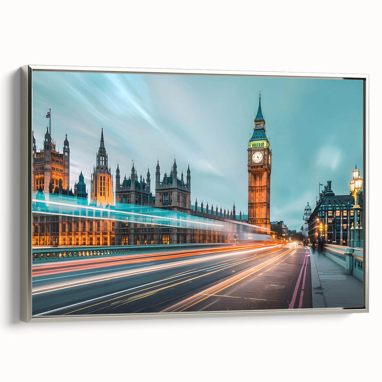 Landscape art painting of London with vibrant colors on a framed canvas, ideal for living room decor.