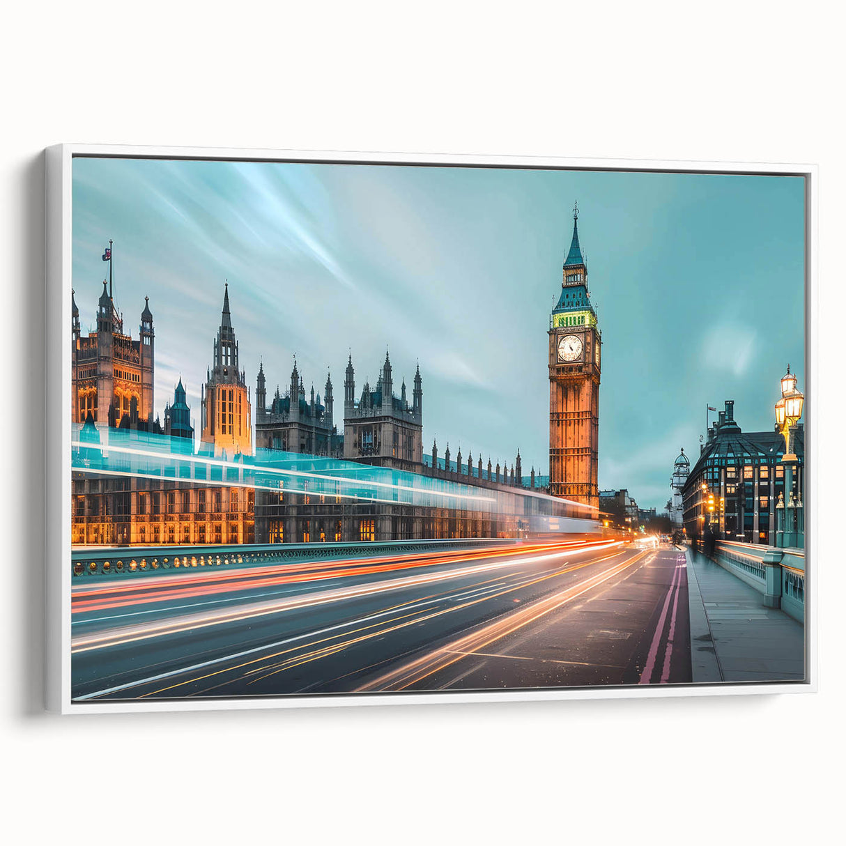 Vintage poster art of a London cityscape in vibrant colors on a white-framed canvas, suitable for living room decor.