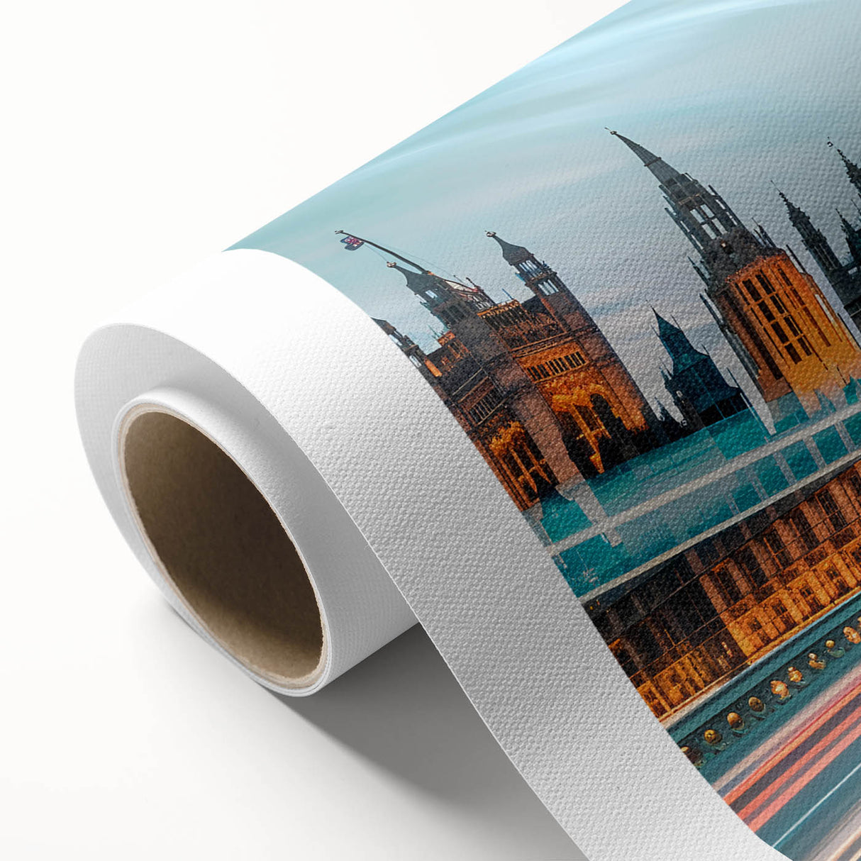 Art deco poster of London scenery in muted pastel shades on rolled canvas, ideal for nursery wall art.