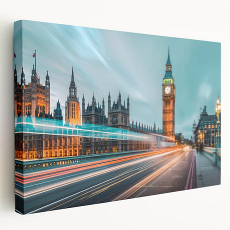 Large canvas print of the London skyline in muted gray and blue tones, suitable for kitchen wall art.