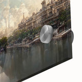 Large abstract wall art of Paris scenery in muted gray and blue tones on acrylic glass, suitable for dining room art.