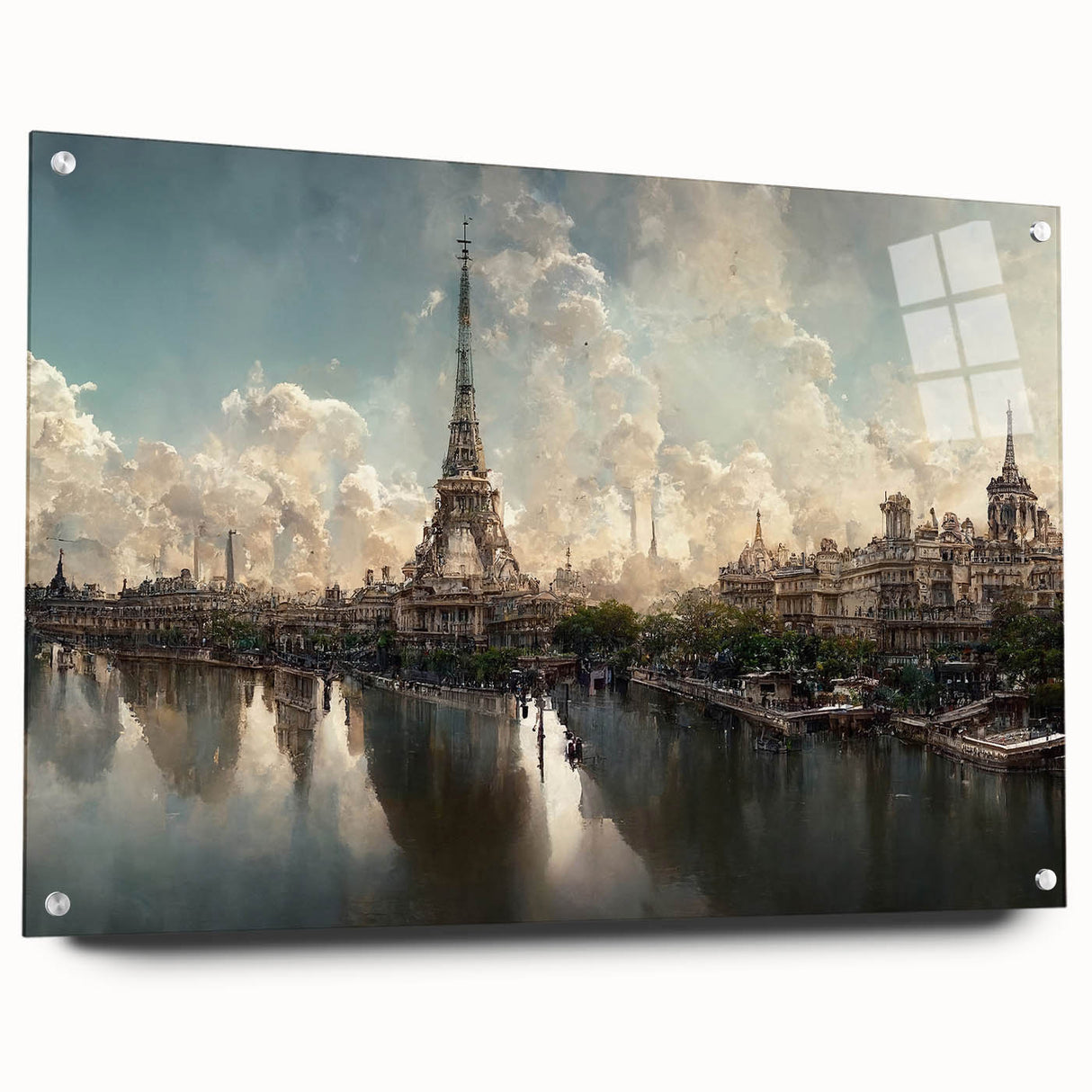 Acrylic print of a Paris scenery with muted blue and gray tones, ideal for dining room decor.