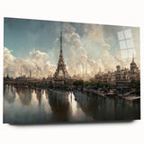 Large abstract depiction of Paris landscape in muted blue and gray tones on acrylic glass.