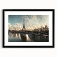 Colorful abstract art print of Paris scenery in vibrant hues on textured canvas, framed in black.
