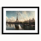 Colorful abstract art print of Paris scenery in vibrant hues on textured canvas, framed in black.