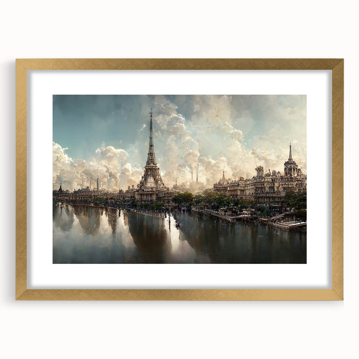 Abstract art print of Paris scenery in muted gold and gray tones, framed with mat, ideal for dining room decor.