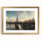 Abstract art print of Paris scenery in muted gold and gray tones, framed with mat, ideal for dining room decor.