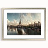 Extra large abstract art print depicting a textured Paris scenery in muted earth tones, framed in silver.