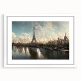 Textured art print of abstract Paris scenery in muted earth tones on a framed canvas, suitable for bedroom decor.