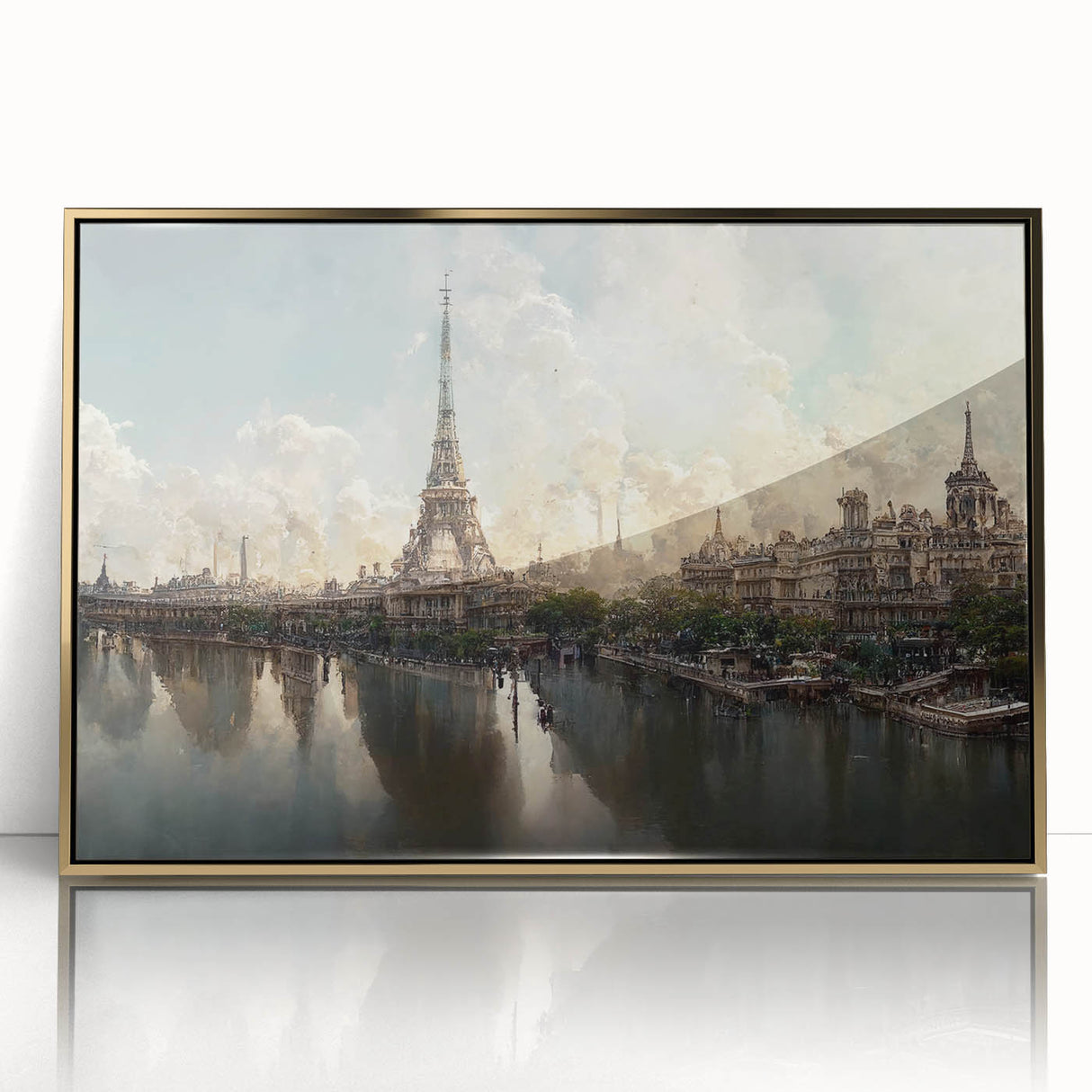 Art Deco poster of Paris scenery with muted gold and gray tones on framed acrylic, suitable for modern art wall decor.
