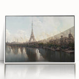 Mid-century modernist art featuring the Eiffel Tower in pastel hues, framed acrylic, ideal for nursery wall art.