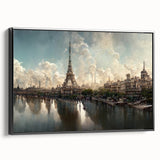 Black and white vintage poster art of a Paris landscape on framed canvas, ideal for bedroom wall decor.