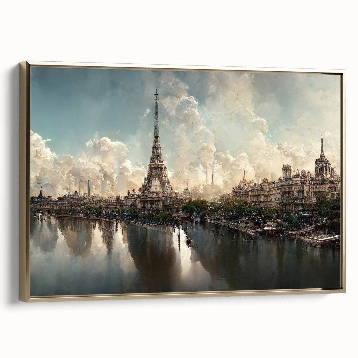 Framed canvas of a vintage-style Paris landscape in black and gold tones, ideal for bedroom wall art.