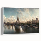 Vintage poster art of Paris featuring vibrant colors on a large framed canvas, suitable for living room decor.
