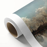 Art Deco poster of Paris scenery with muted pastel tones on rolled canvas, ideal for nursery wall art or dining room decor.