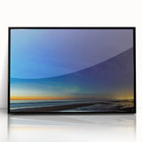 Large abstract wall art depicting a stylized European scene in muted gray and blue tones, framed in black acrylic.