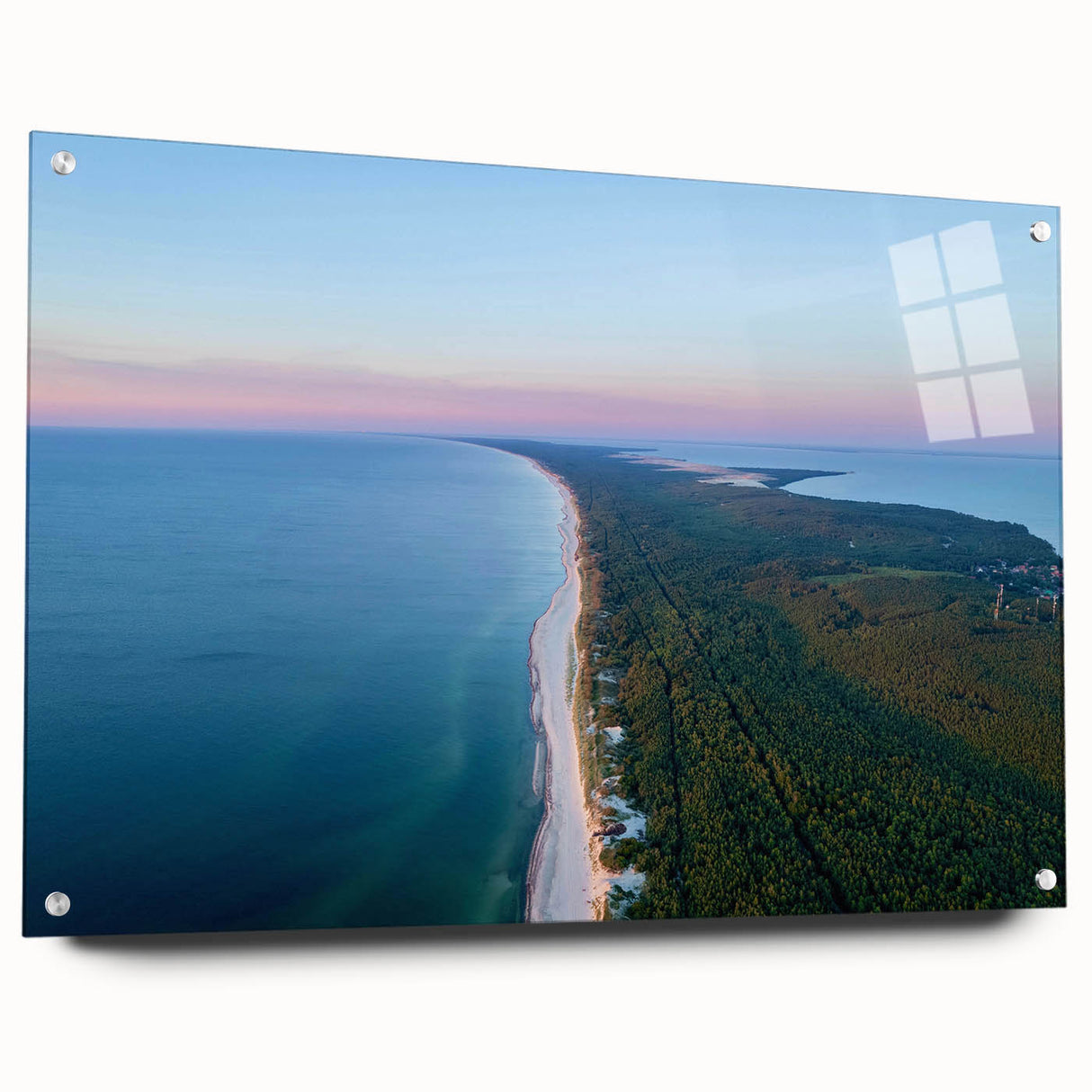 Acrylic print of a European Lithuanian landscape, featuring vibrant green and blue tones, ideal for dining room art.