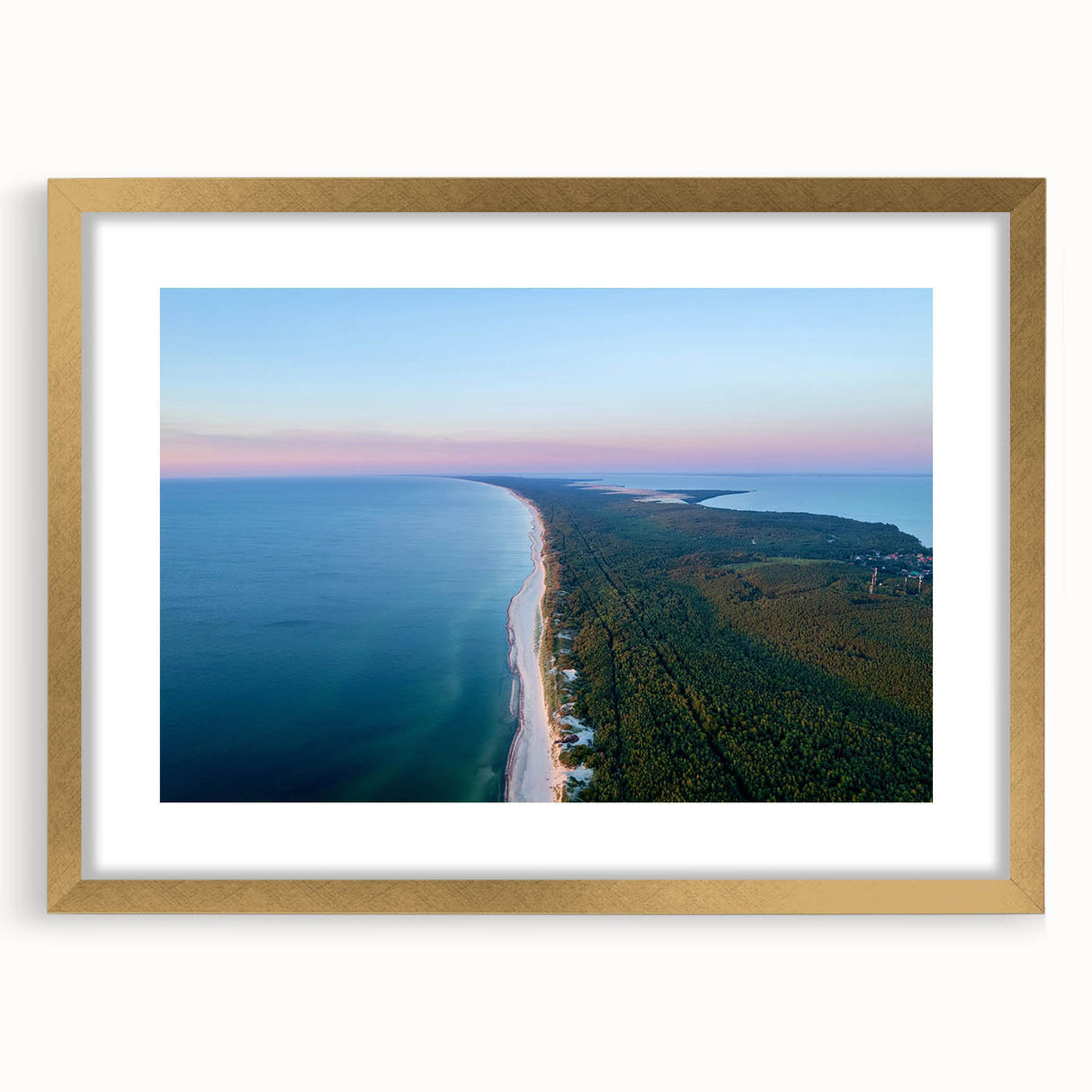 Abstract art print of a European Lithuanian landscape in muted earth tones on a framed canvas.