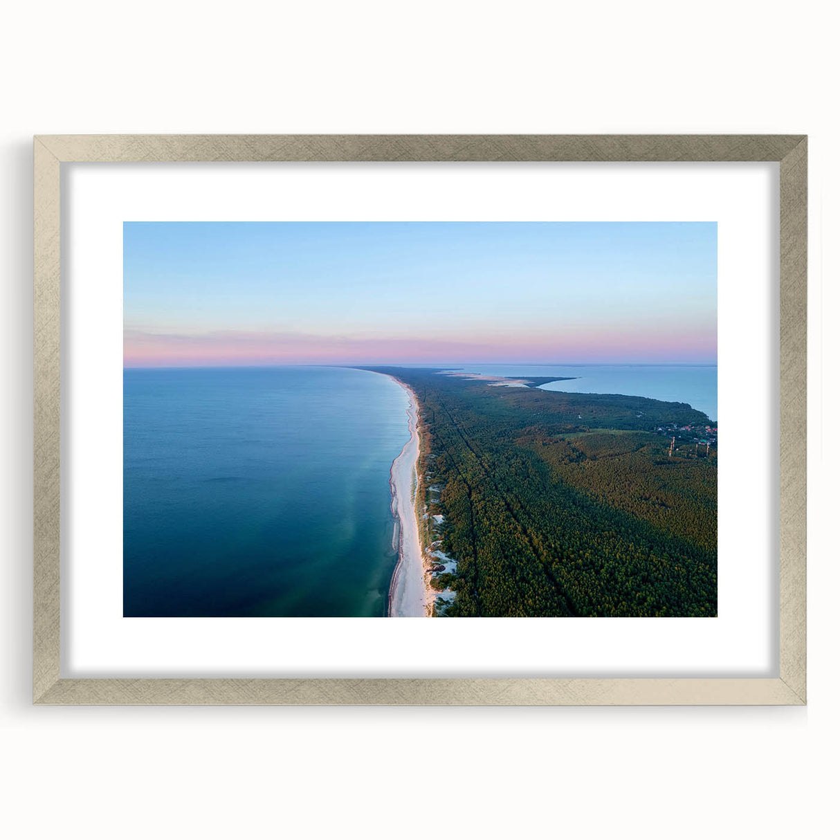 Extra large abstract art print depicting a textured European scenery in muted earth tones, framed in silver.