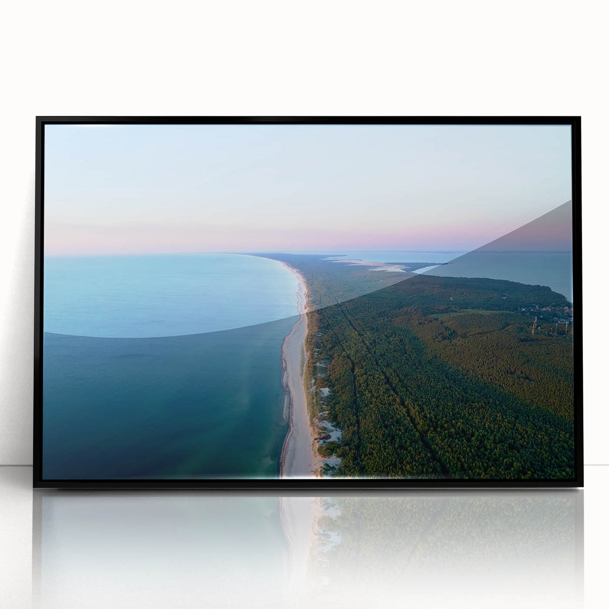 Large abstract wall art featuring a European Lithuanian landscape in muted earth tones, framed in black acrylic.