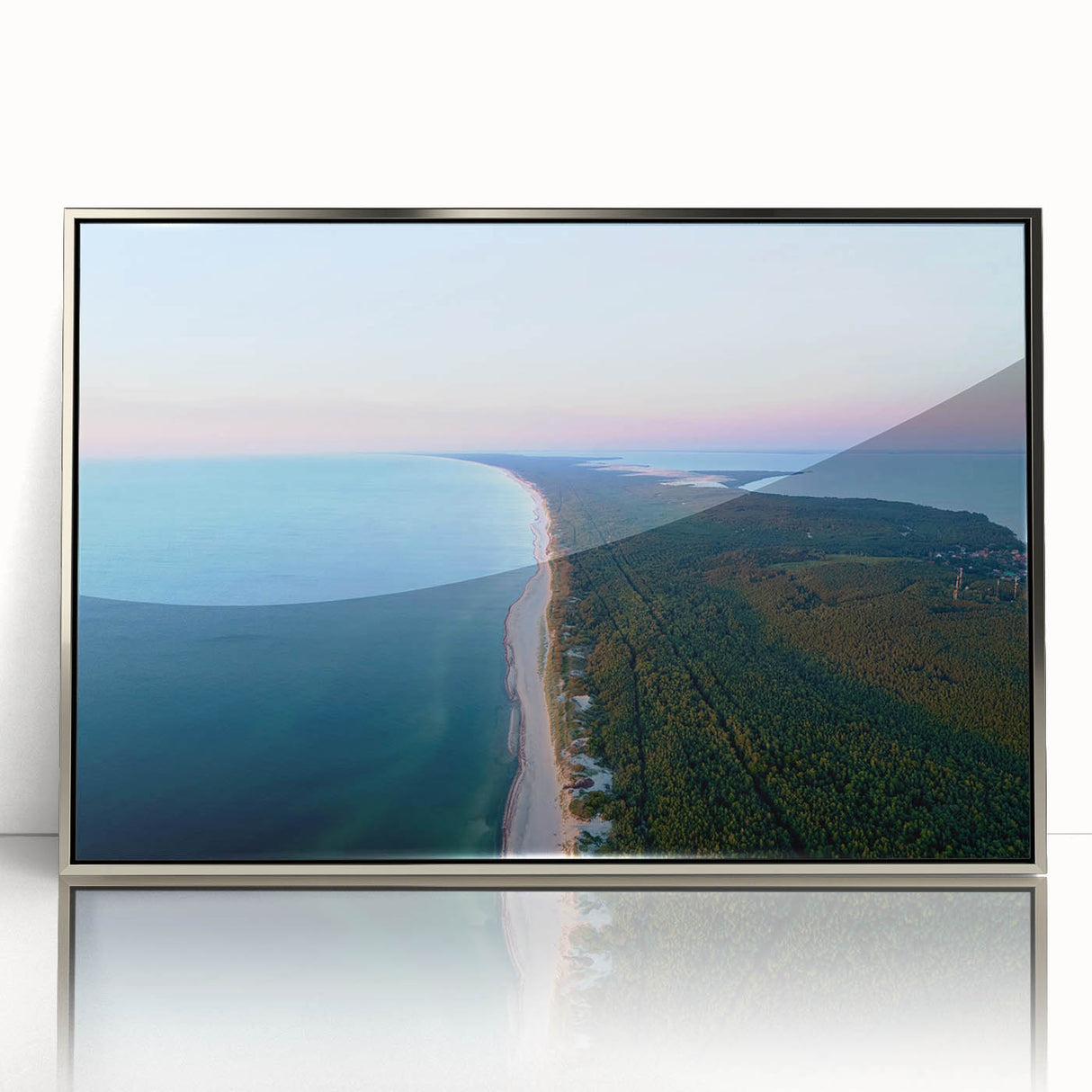 Large art print of a European Lithuanian landscape in silver framed acrylic, ideal for modern nursery decor.