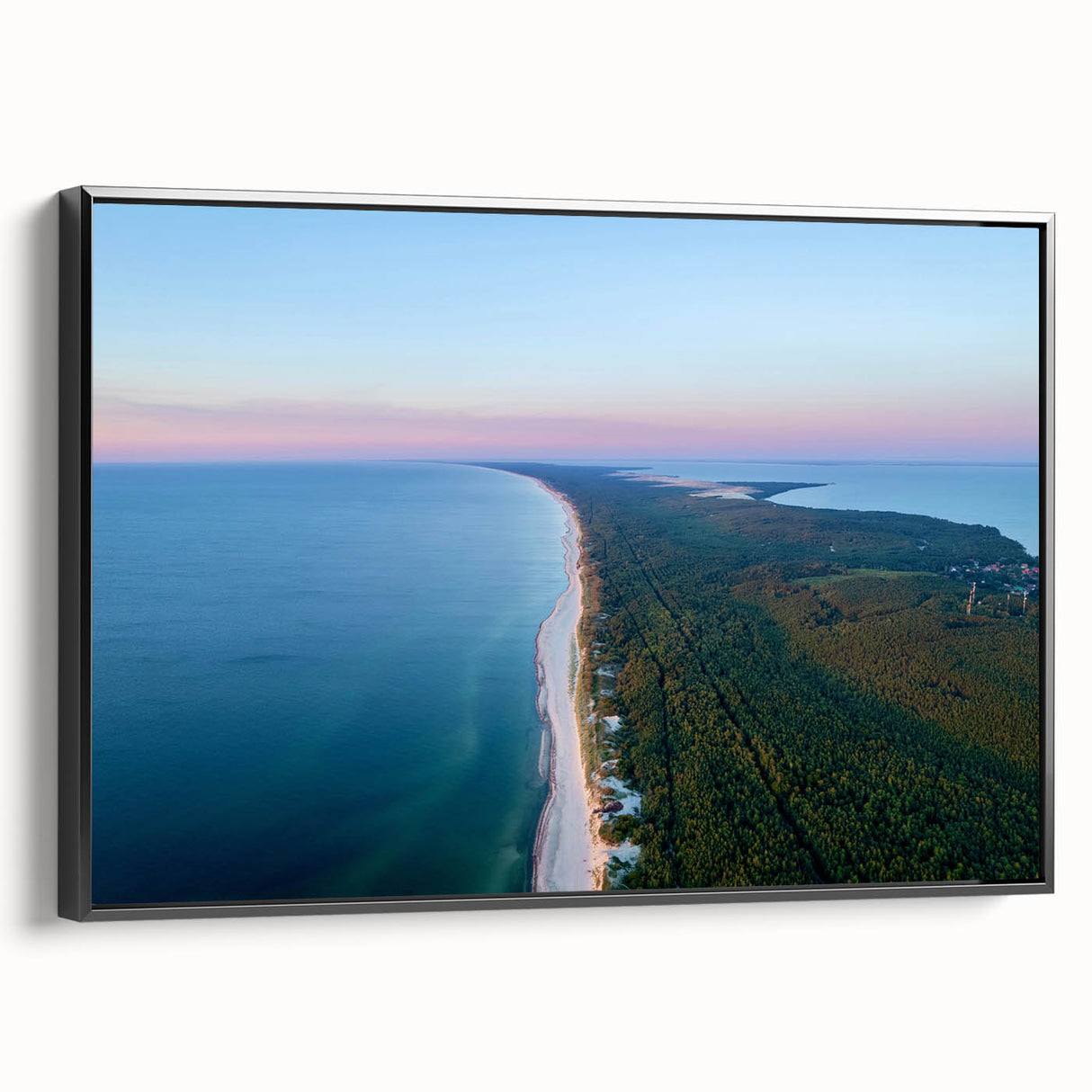 Black and white landscape art painting of a Lithuanian scenery on framed canvas, ideal for bedroom wall decor.