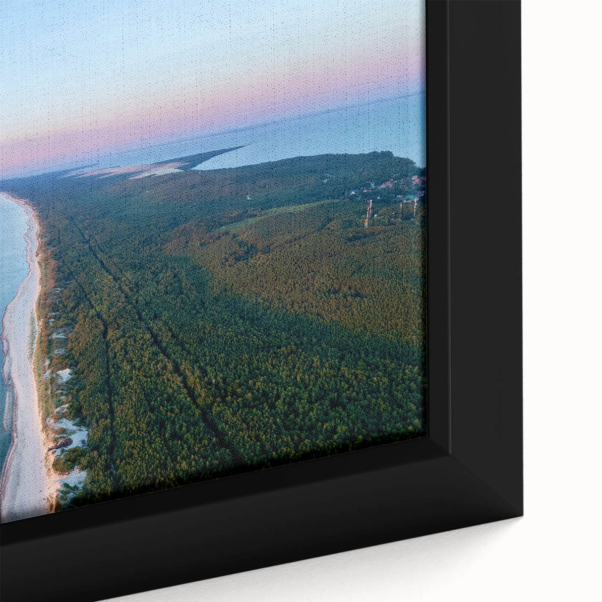 Textured black wall art depicting a European Lithuanian scenery in vibrant colors on a framed canvas.