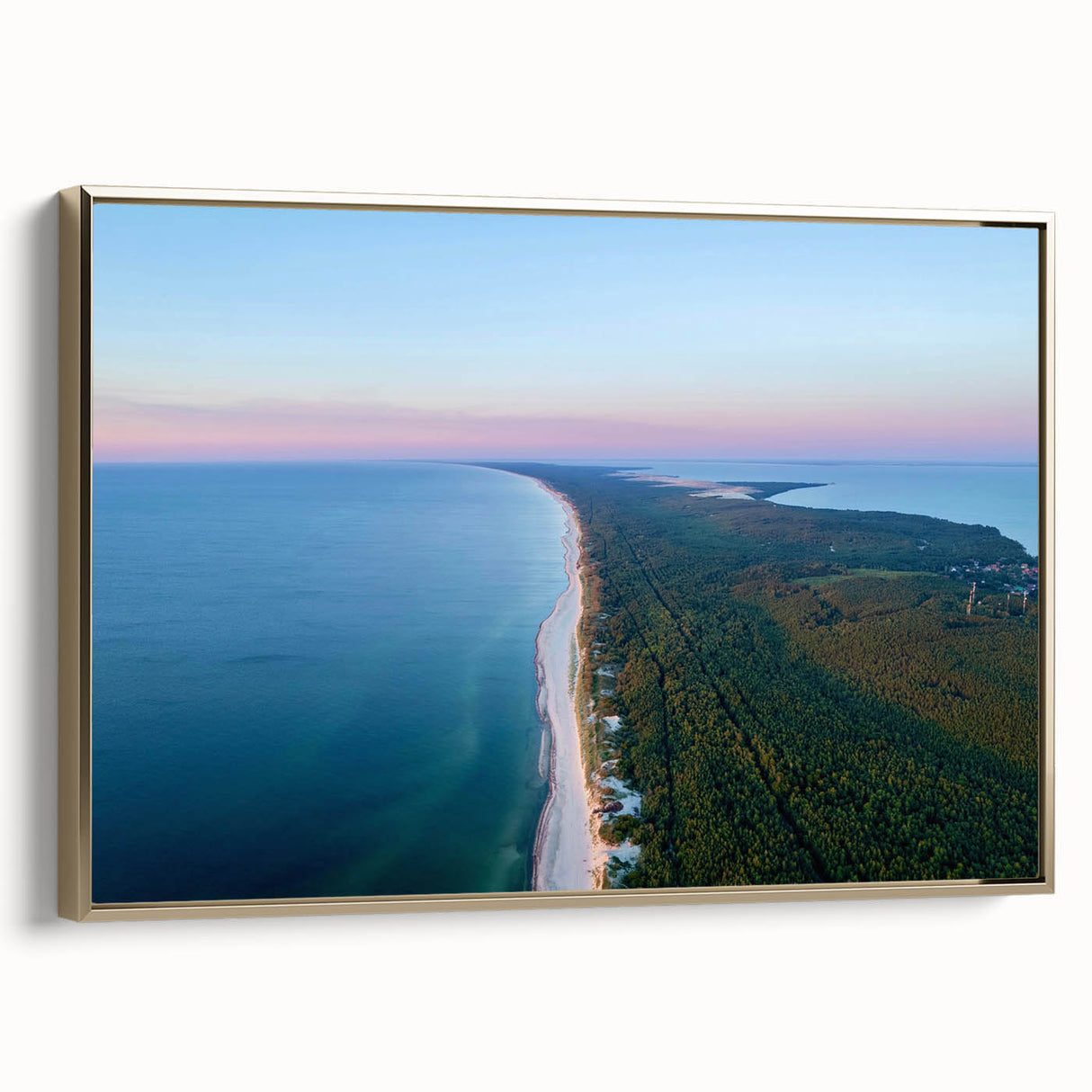 Framed canvas featuring a vintage-style landscape painting of a Lithuanian scenery, with muted earth tones.