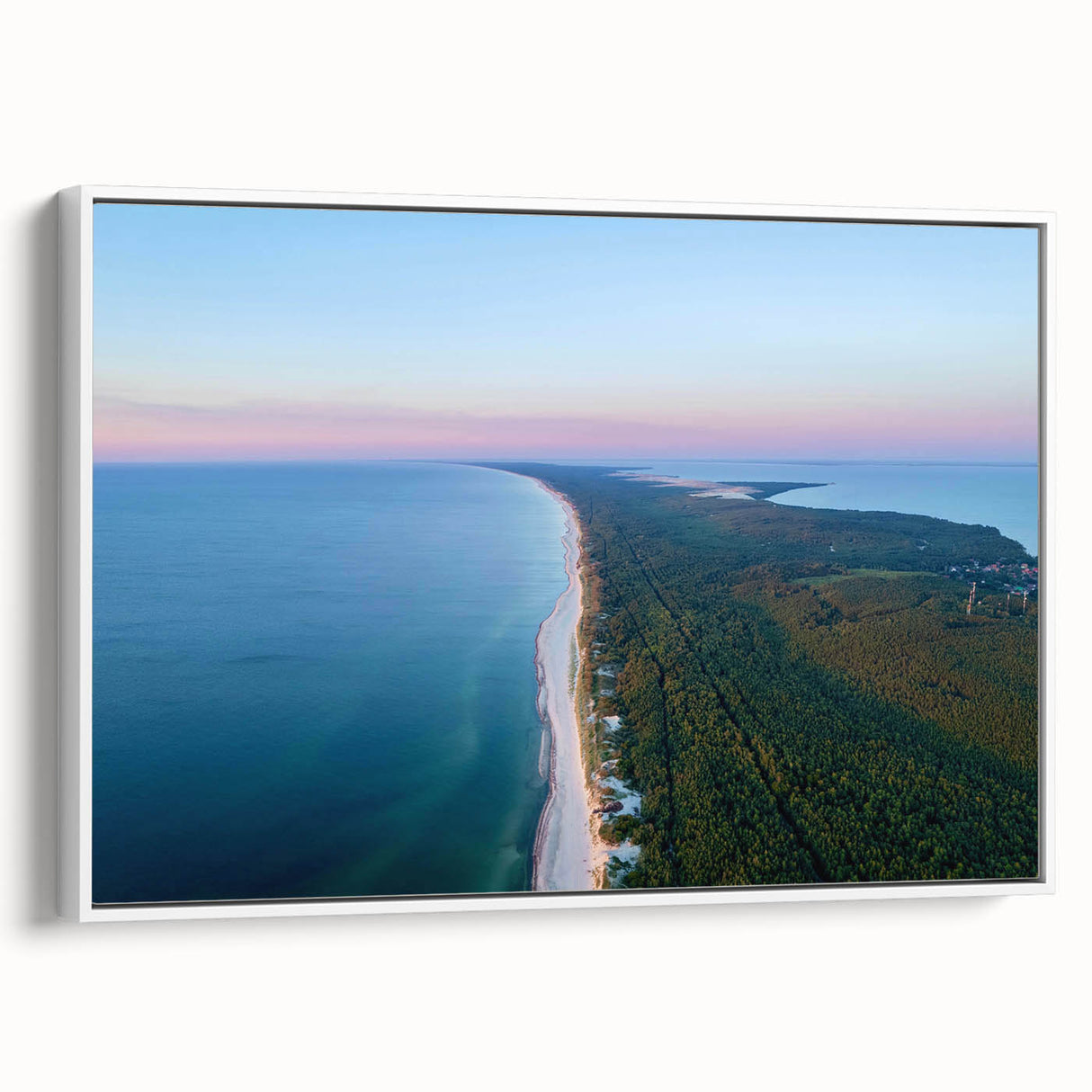 Vintage poster art of a European Lithuanian landscape in vibrant colors on a framed canvas, ideal for living room decor.