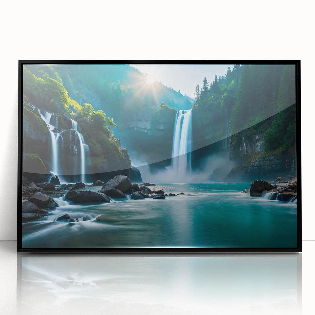 Large abstract wall art depicting a vibrant, stylized Brazilian landscape in acrylic, framed in black.