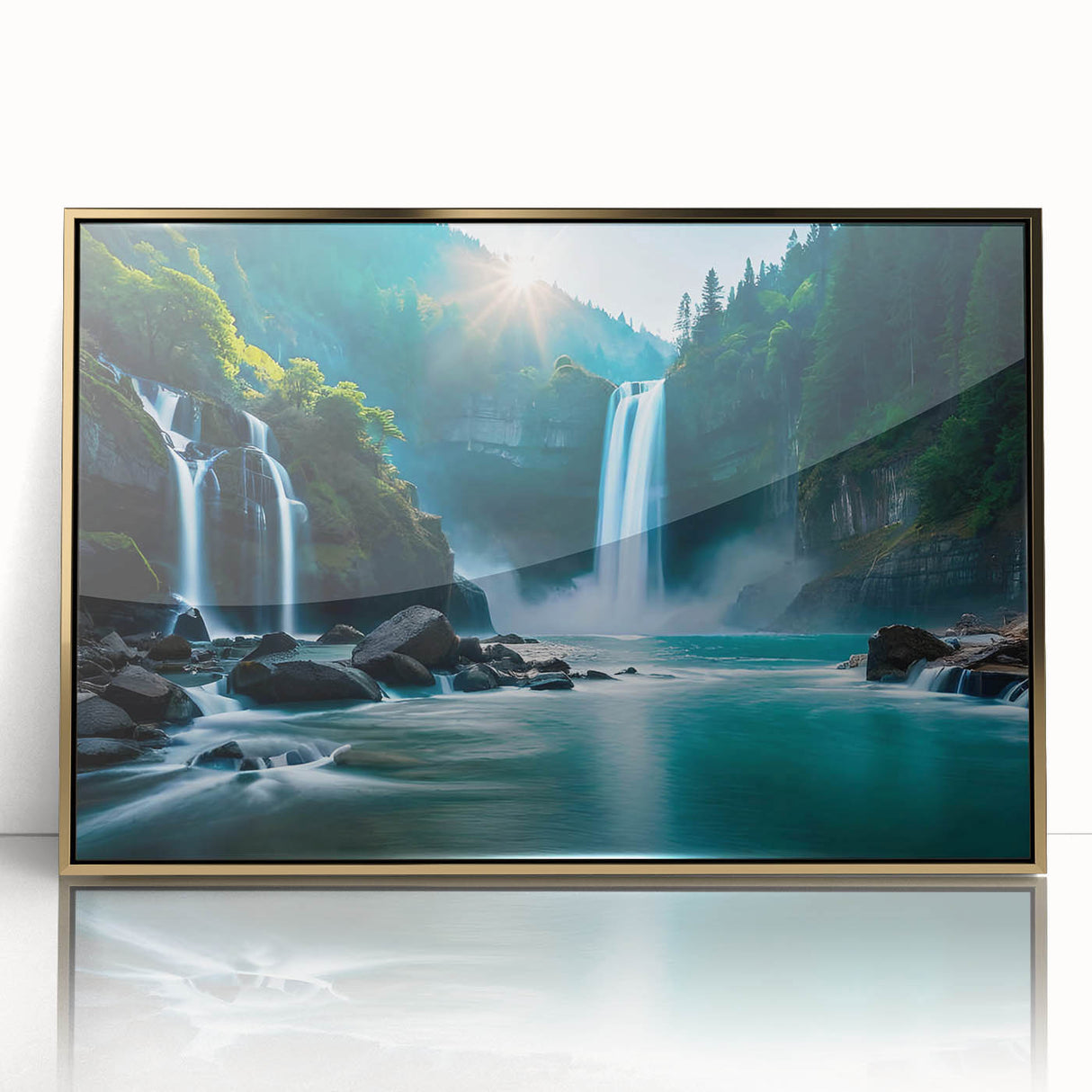 Large art print of a mid-century modernist Brazilian landscape in soft earth tones on framed acrylic.