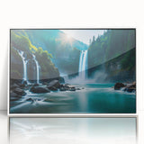 Acrylic print of a vibrant, art deco style South American scenery in white frame, ideal for modern nursery decor.