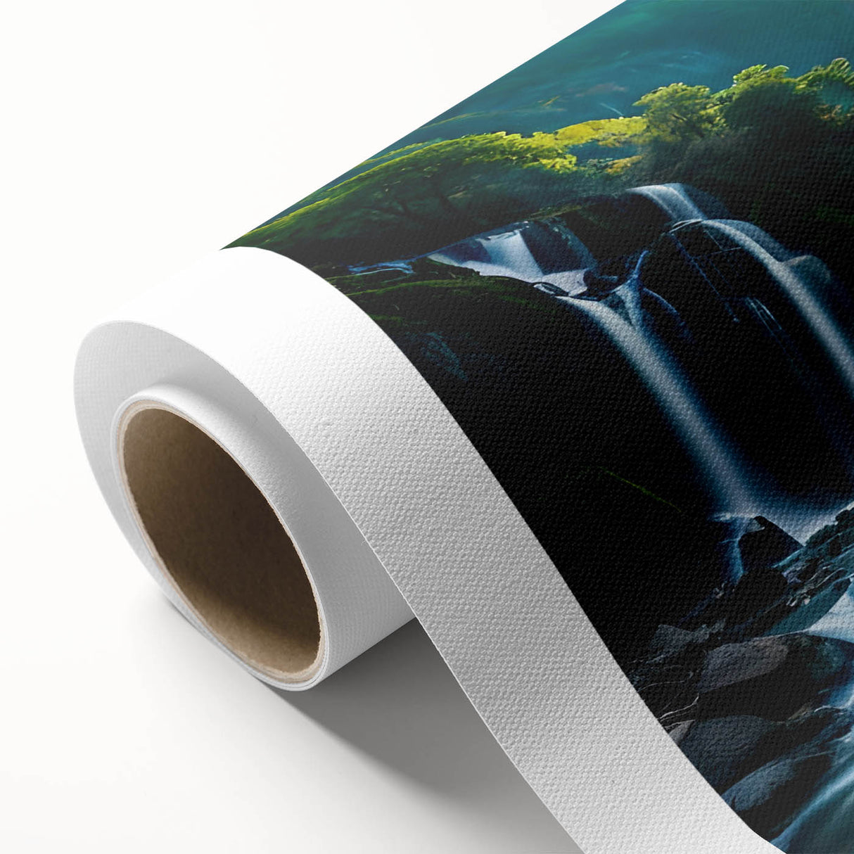 Art deco poster of a Brazilian landscape in pastel blue and green tones on rolled canvas, ideal for nursery wall art.