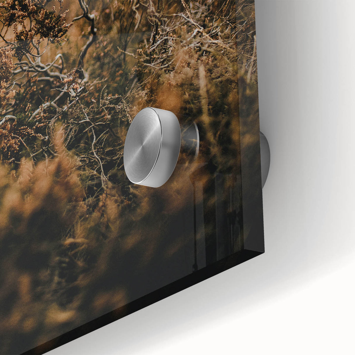 Large abstract wall art in autumnal hues on acrylic, ideal for dining room art, featuring mid-century modernist style.