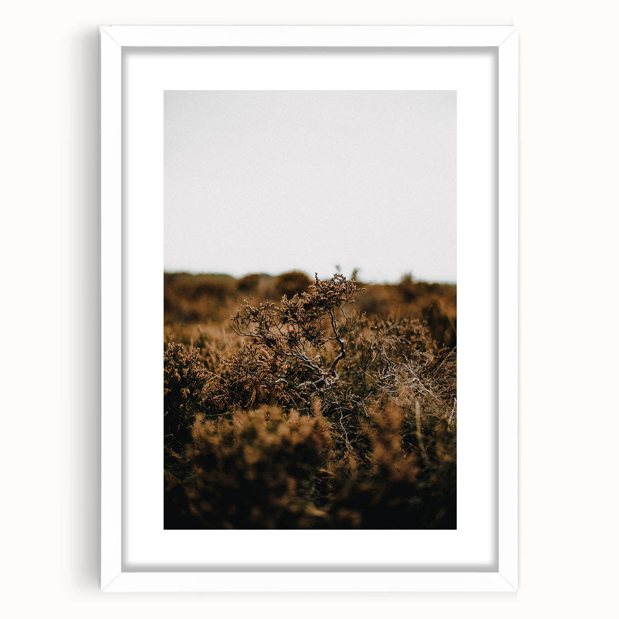 Abstract art print featuring warm autumnal hues on a white framed canvas, suitable for dining room or bedroom décor.