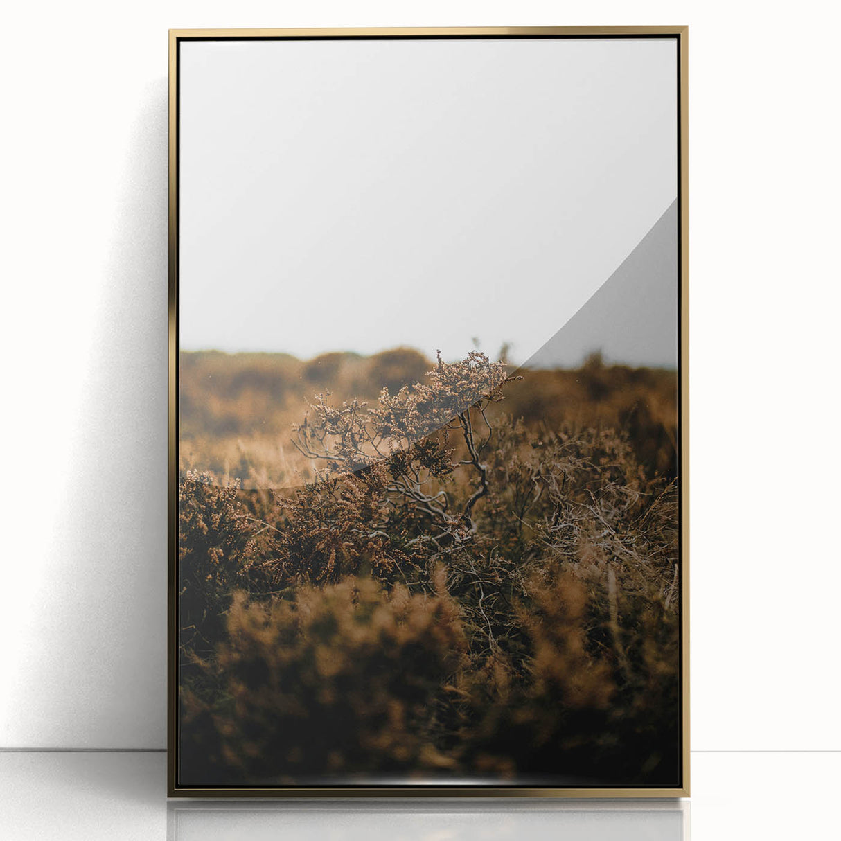 Mid-century modernist large art print of an autumnal scene in gold and orange tones, acrylic framed.
