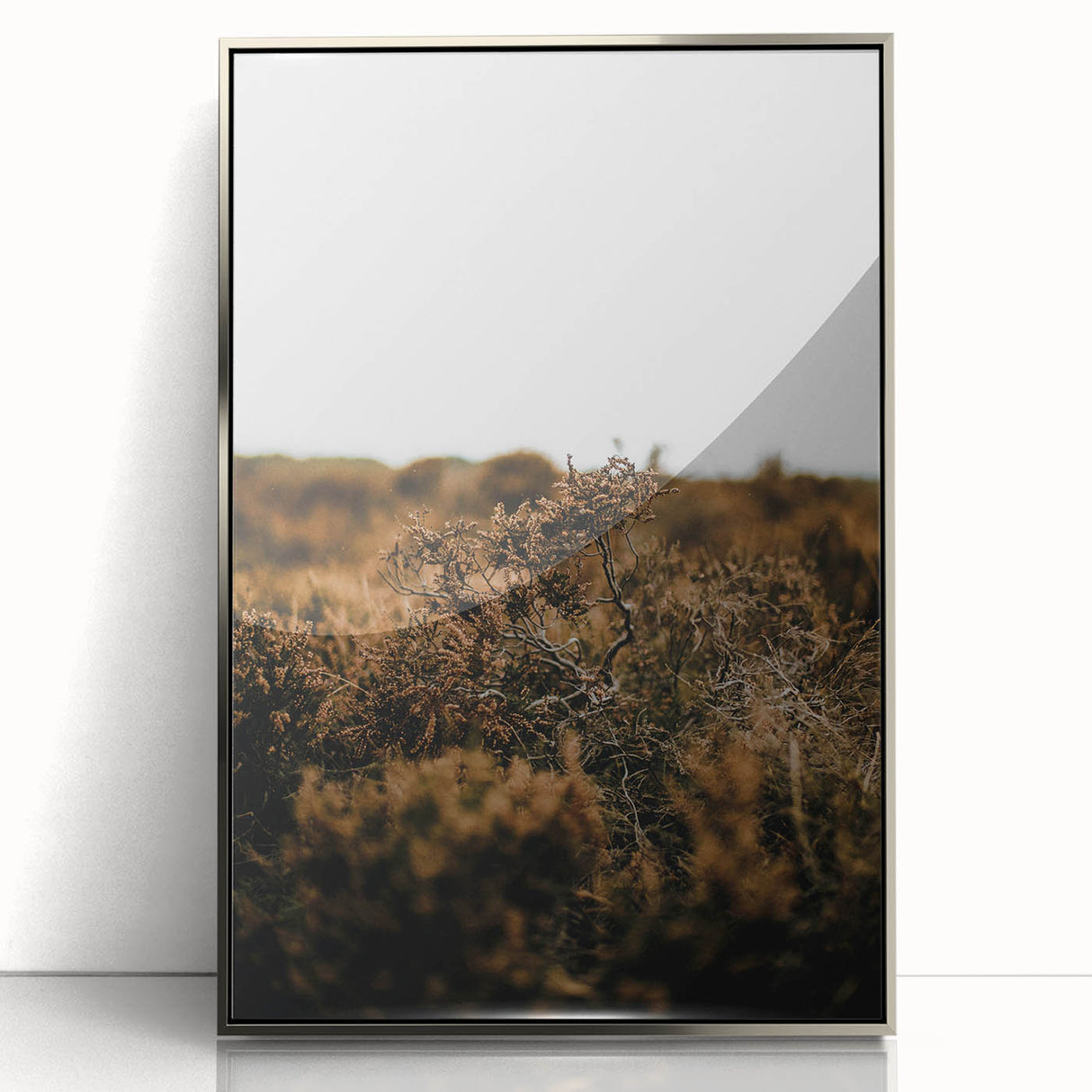 Mid-century modernist art depicting fall trees in orange and brown tones on a framed acrylic print.
