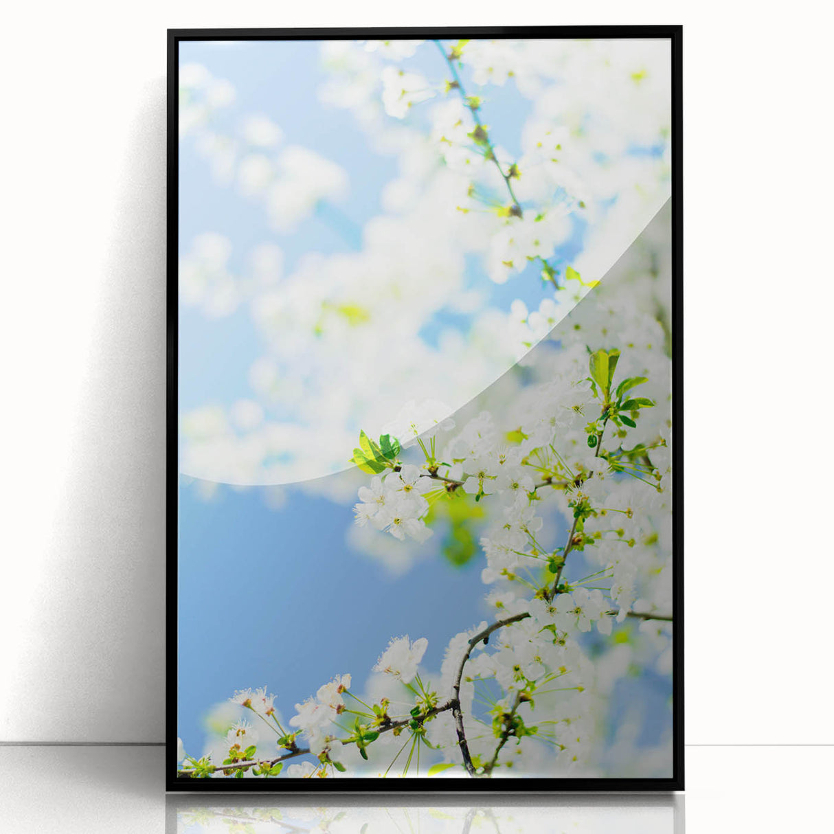 Large abstract wall art depicting spring themes in vibrant green and yellow, framed in black acrylic.